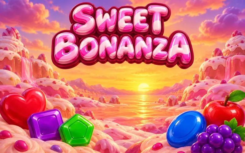 Gün batımında şeker tepeleri arasında Sweet Bonanza yazısı ve oyunun şeker sembolleri
